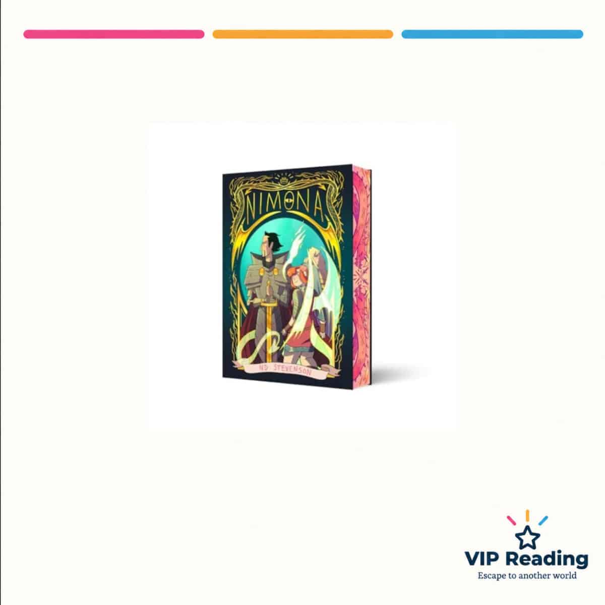 Nimona: 10th Anniversary Collector’s Edition — ISBN 9780063434691 — original book cover on the VIP Reading ivory template