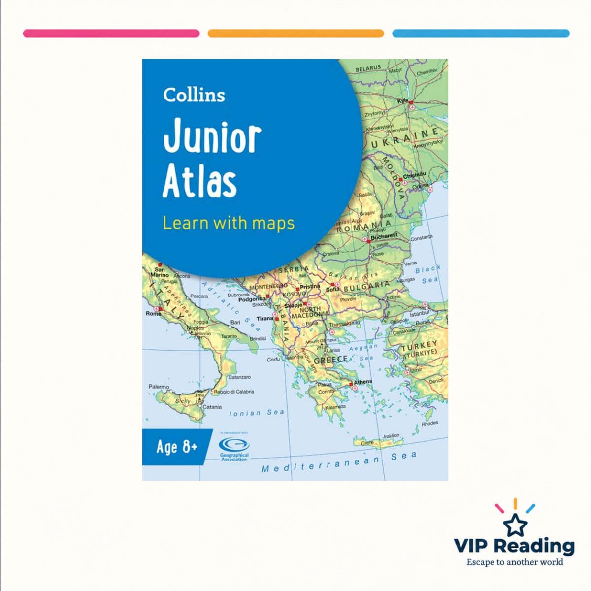 Collins Junior Atlas, seventh edition, original cover enlarged on the VIP Reading template with clear space around the logo